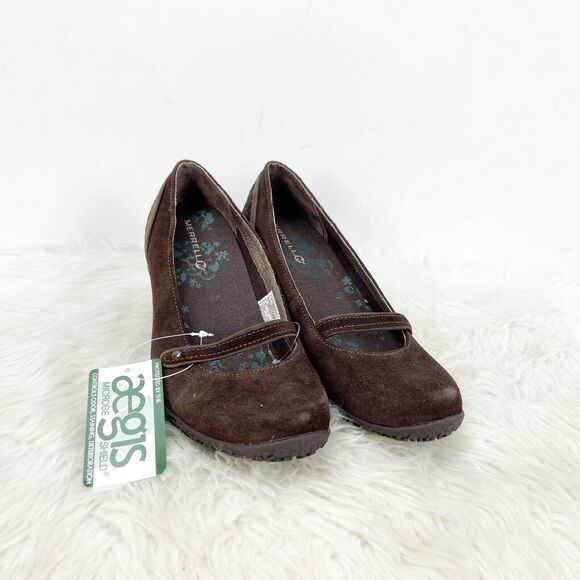 Merrell 6.5 NWOB Womens Brown Suede Petunia Brown Print Wedges - Picture 1 of 9